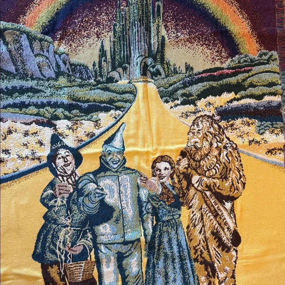 Vintage 1993 Turner Wizard of Oz Woven Tapestry Throw Blanket Yellow Brick Road